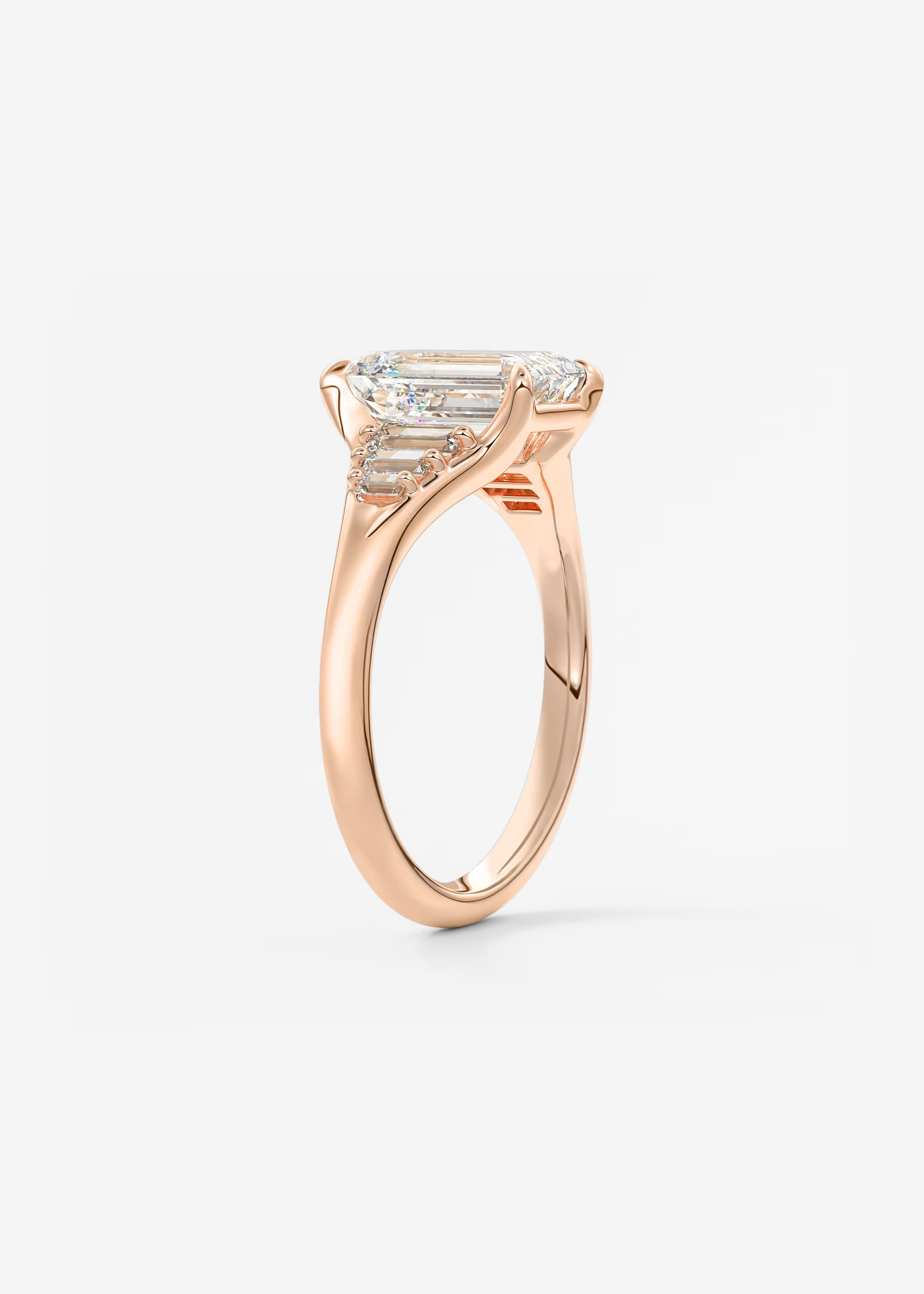 Emerald & Baguette Three Stone Split Shank Engagement Ring