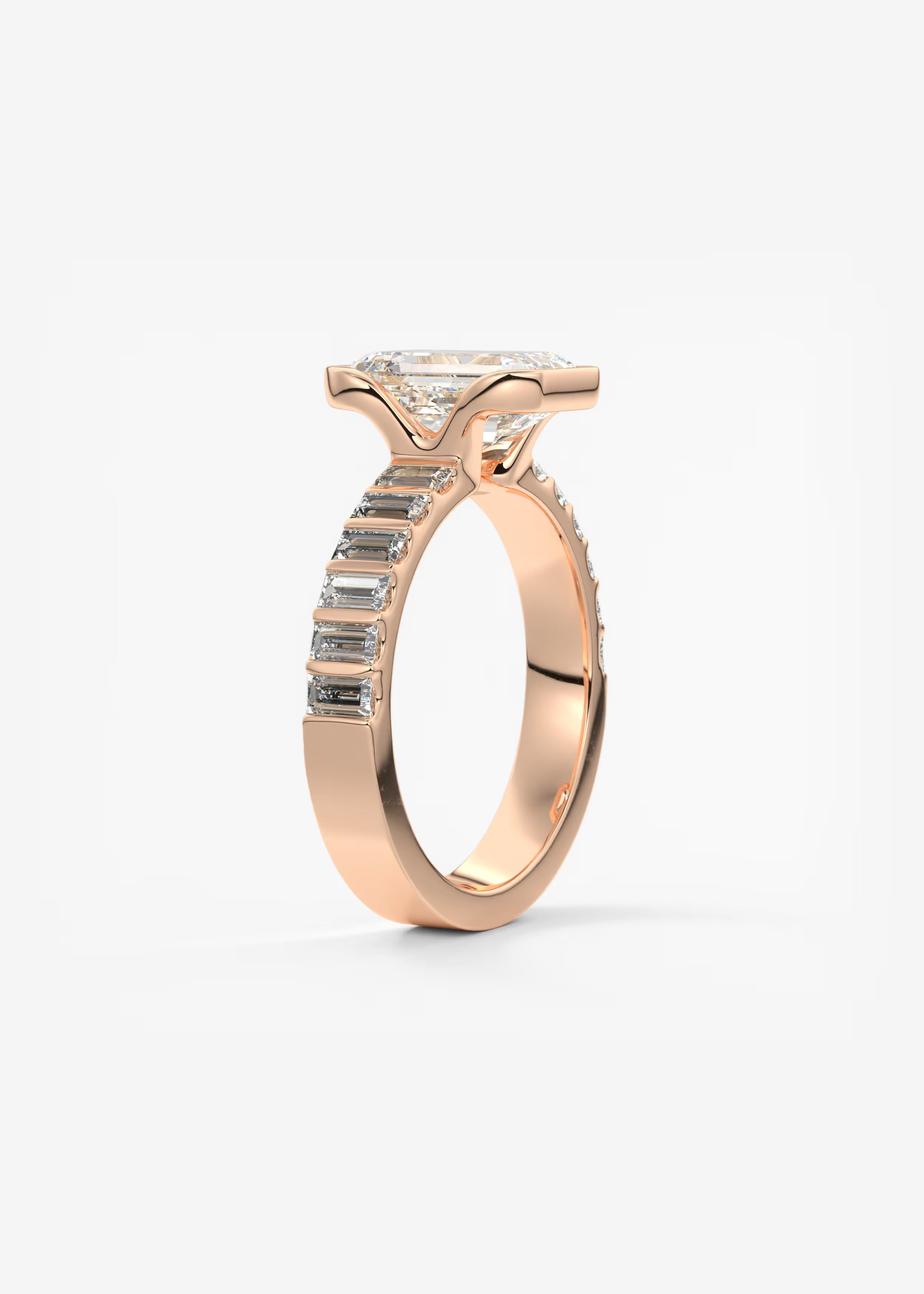 Emerald Cut Half Bezel Engagement Ring with Baguette Cut Diamond Band