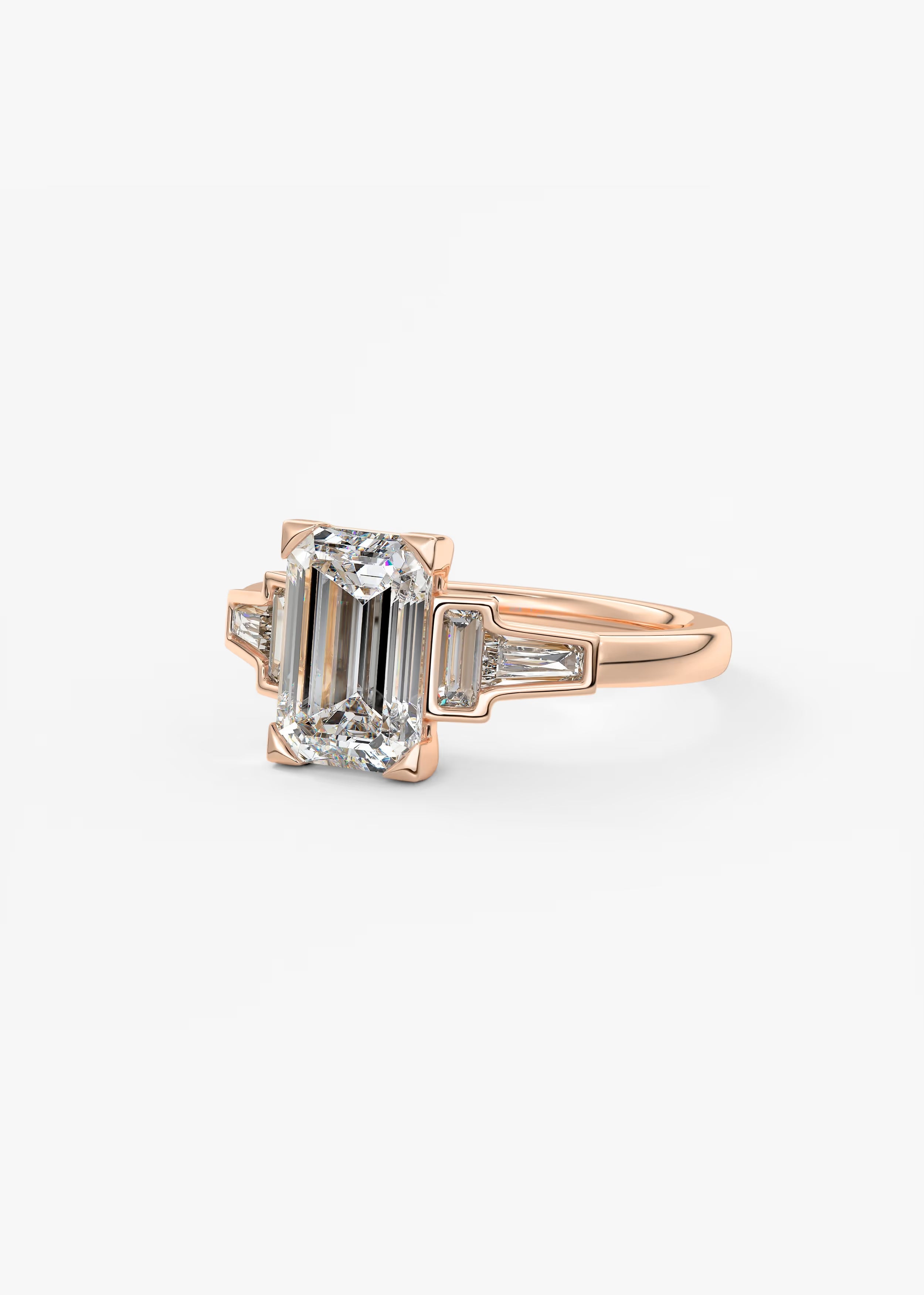 Art Deco Inspired Emerald Five Stone Engagement Ring with Tapered Baguettes
