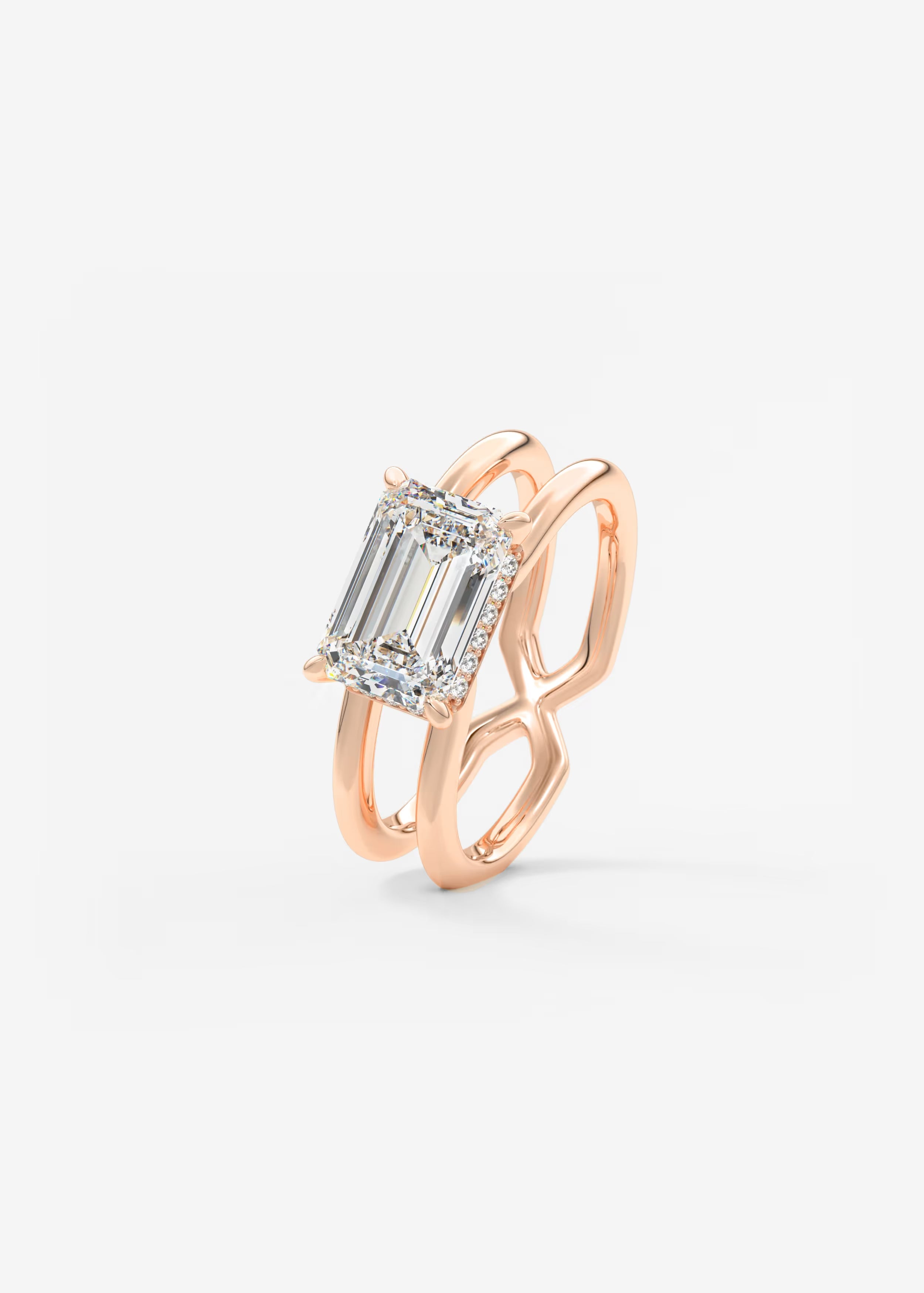 Parallel Split Shank Emerald Cut Engagement Ring with Knife Edge Hidden Halo