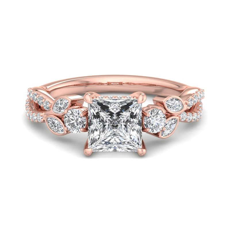 Floral Marquise Band with Beaded Detail Princess Lab Grown Diamond Center Engagement Ring
