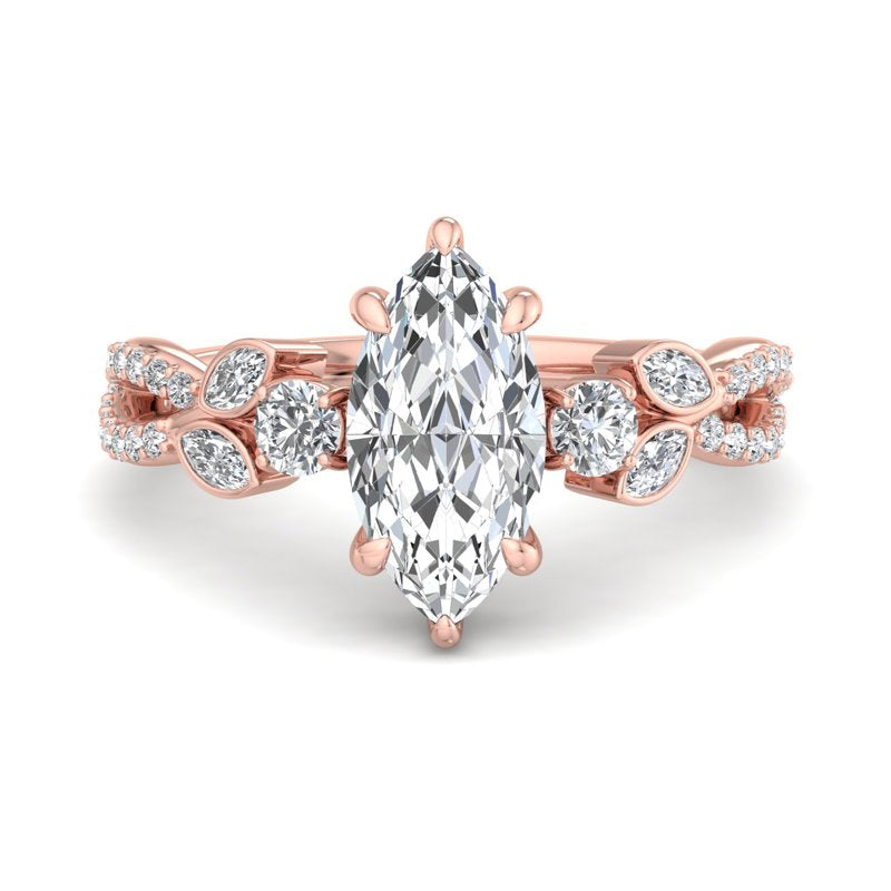 Floral Marquise Band with Beaded Detail Marquise Lab Grown Diamond Center Engagement Ring