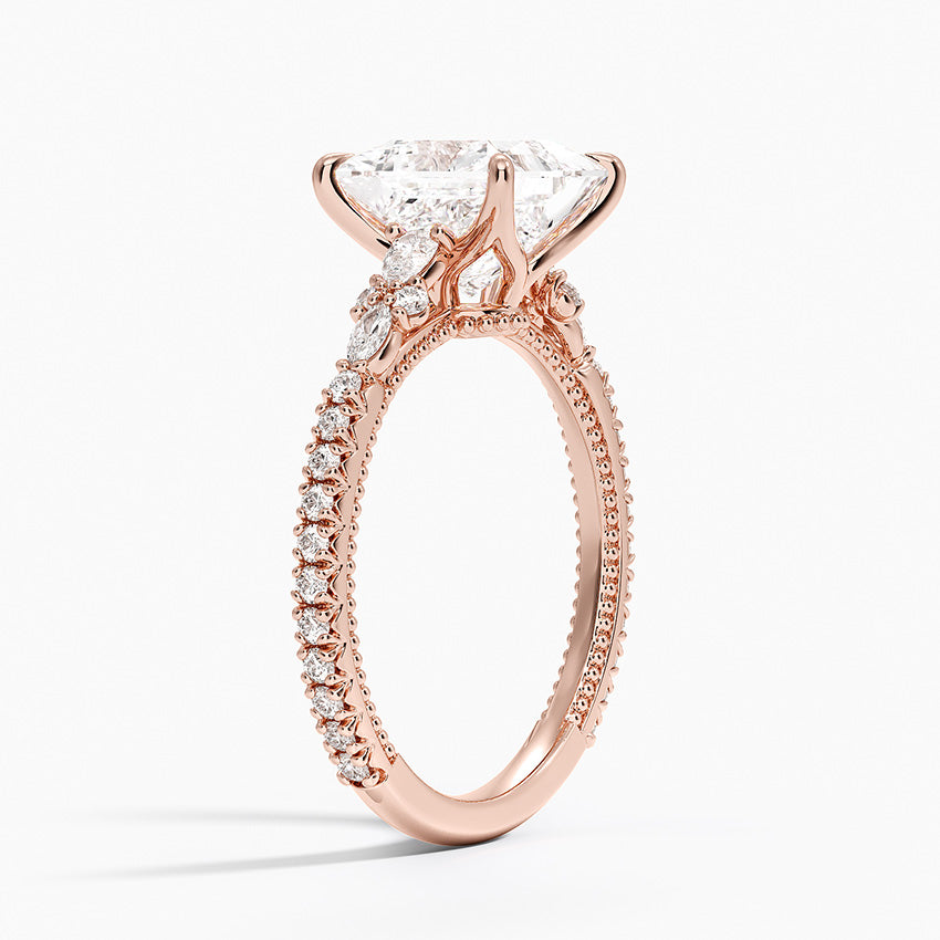 Floral Marquise Band with Beaded Edge Princess Lab Grown Diamond Center Engagement Ring