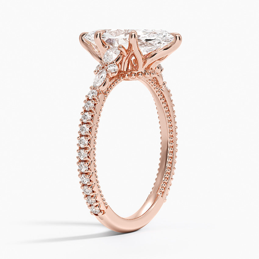 Floral Marquise Band with Beaded Edge Marquise Lab Grown Diamond Center Engagement Ring