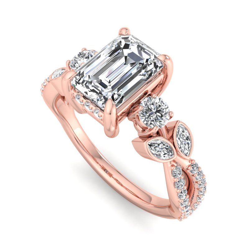 Floral Marquise Band with Beaded Detail Emerald Lab Grown Diamond Center Engagement Ring
