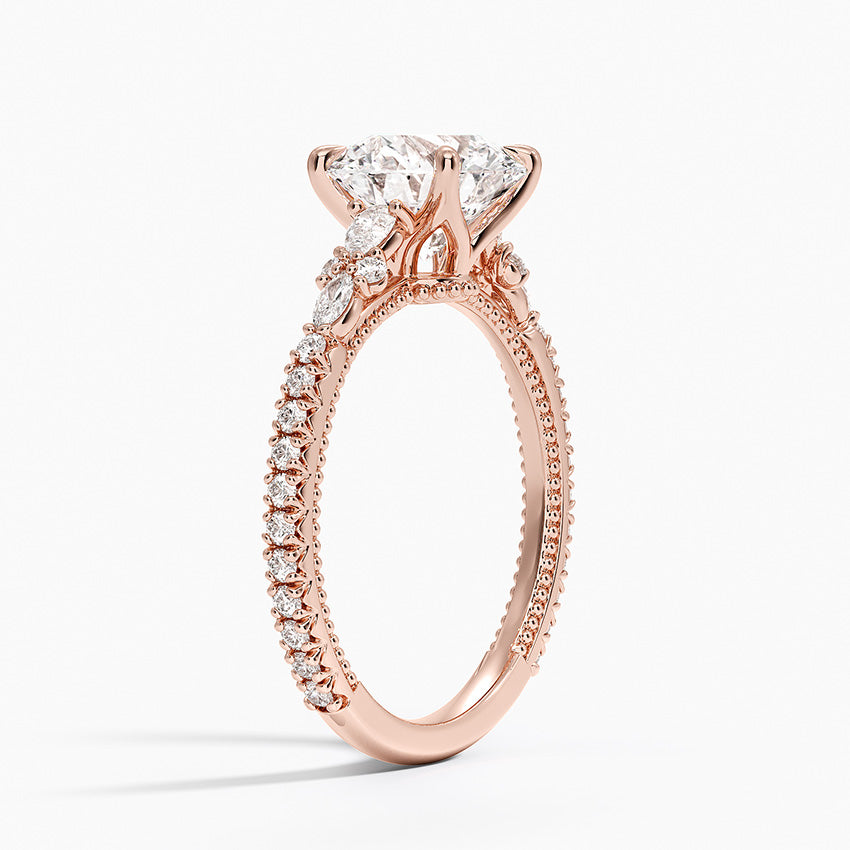 Floral Marquise Band with Beaded Edge Round Lab Grown Diamond Center Engagement Ring