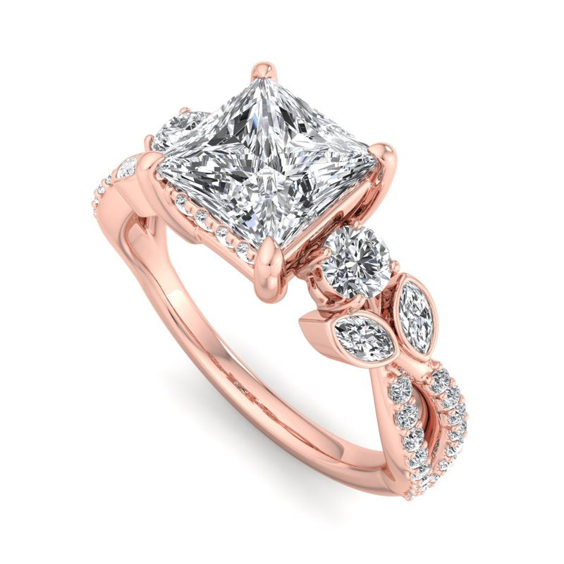 Floral Marquise Band with Beaded Detail Princess Lab Grown Diamond Center Engagement Ring
