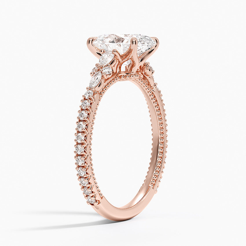 Floral Marquise Band with Beaded Edge Oval Lab Grown Diamond Center Engagement Ring