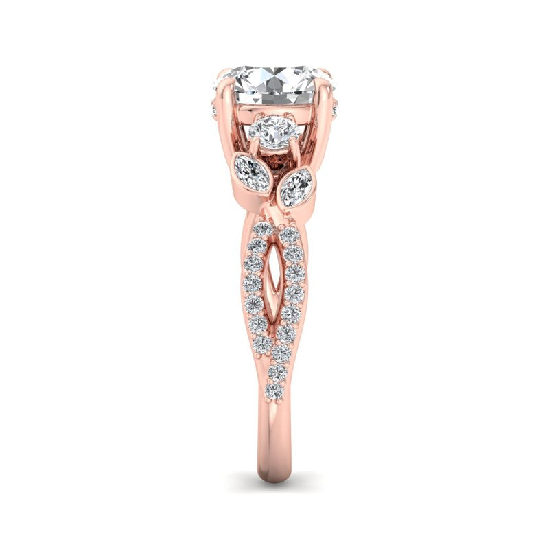 Floral Marquise Band with Beaded Detail Round Lab Grown Diamond Center Engagement Ring