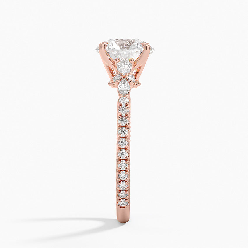 Floral Marquise Band with Beaded Edge Round Lab Grown Diamond Center Engagement Ring