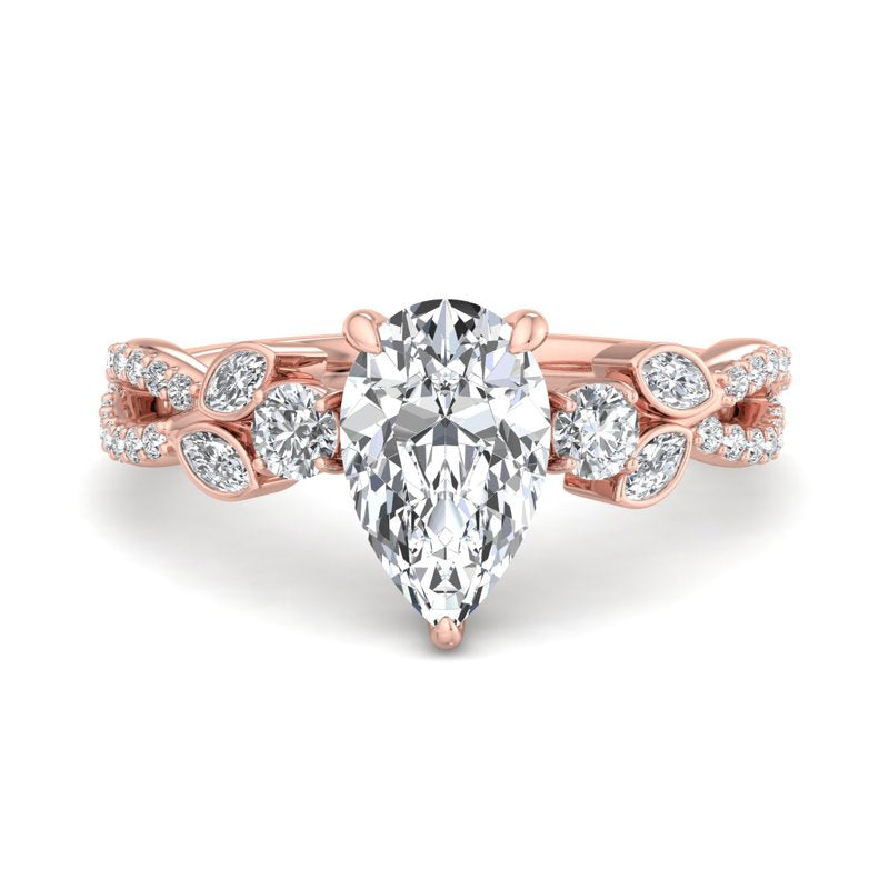 Floral Marquise Band with Beaded Detail Pear Lab Grown Diamond Center Engagement Ring