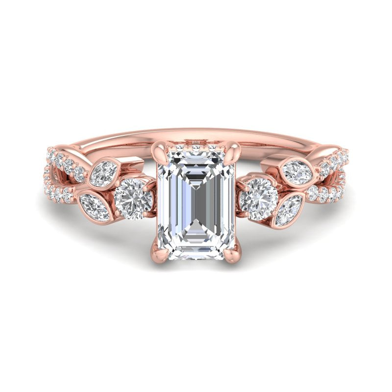 Floral Marquise Band with Beaded Detail Emerald Lab Grown Diamond Center Engagement Ring