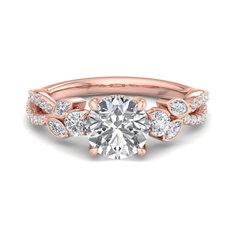 Floral Marquise Band with Beaded Detail Round Lab Grown Diamond Center Engagement Ring