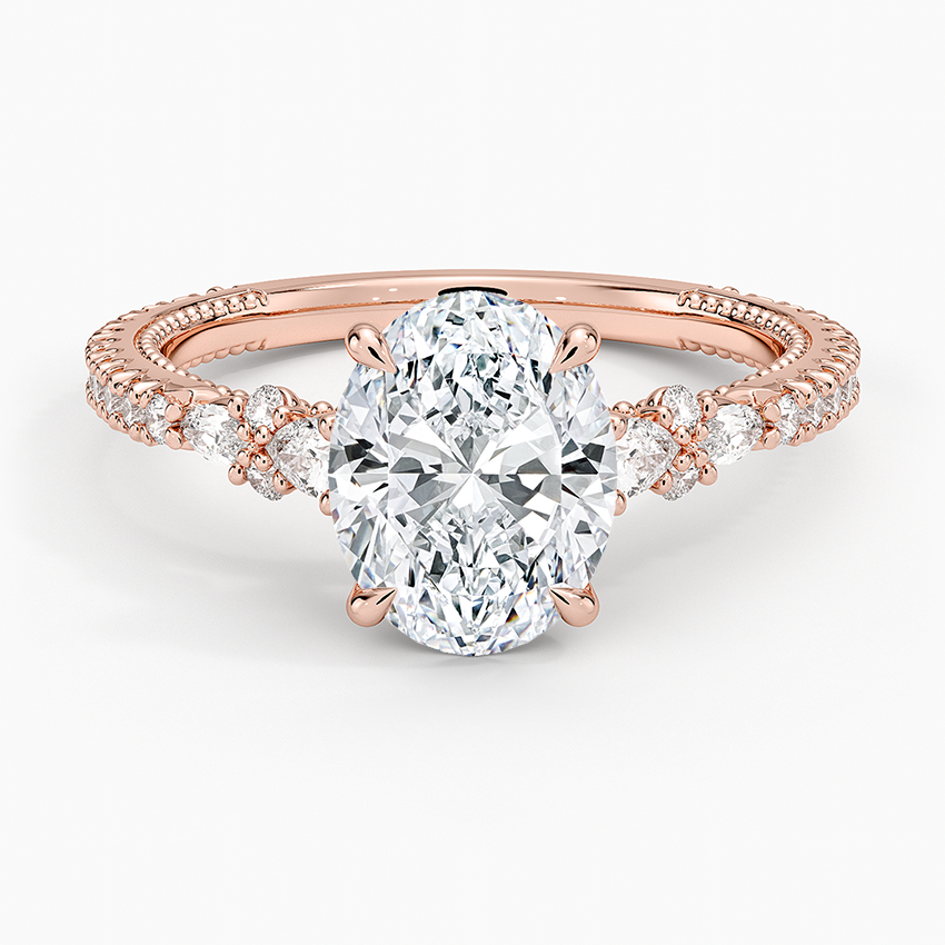 Floral Marquise Band with Beaded Edge Oval Lab Grown Diamond Center Engagement Ring