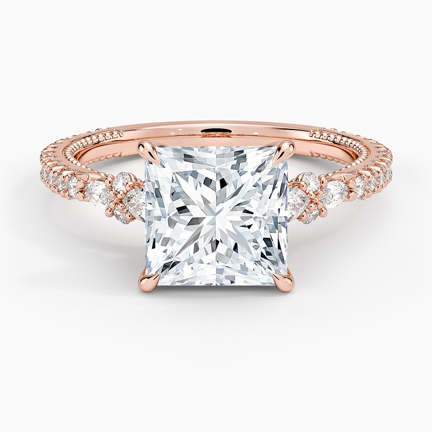 Floral Marquise Band with Beaded Edge Princess Lab Grown Diamond Center Engagement Ring