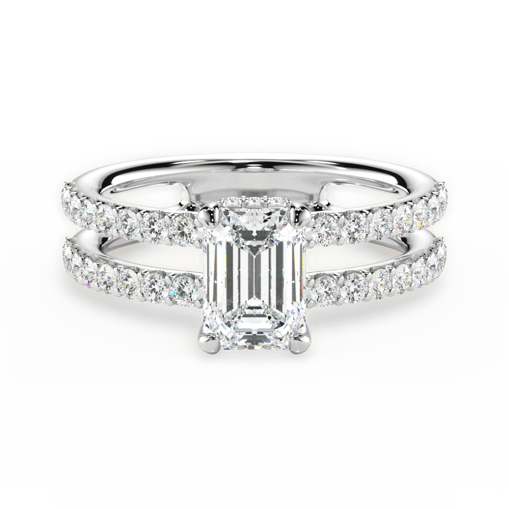 Emerald Shaped  Double Row Diamond Engagement Ring