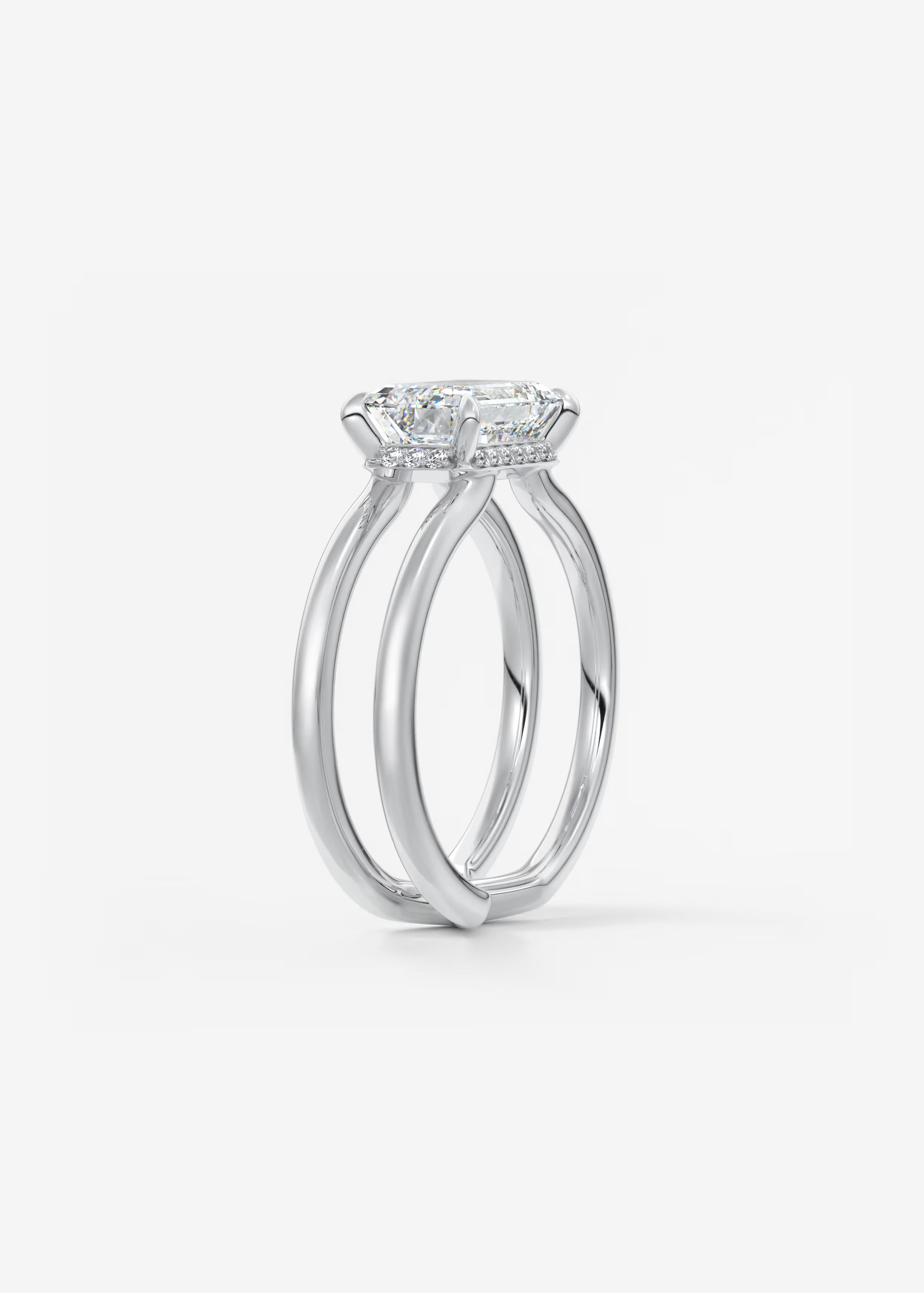 Parallel Split Shank Emerald Cut Engagement Ring with Knife Edge Hidden Halo