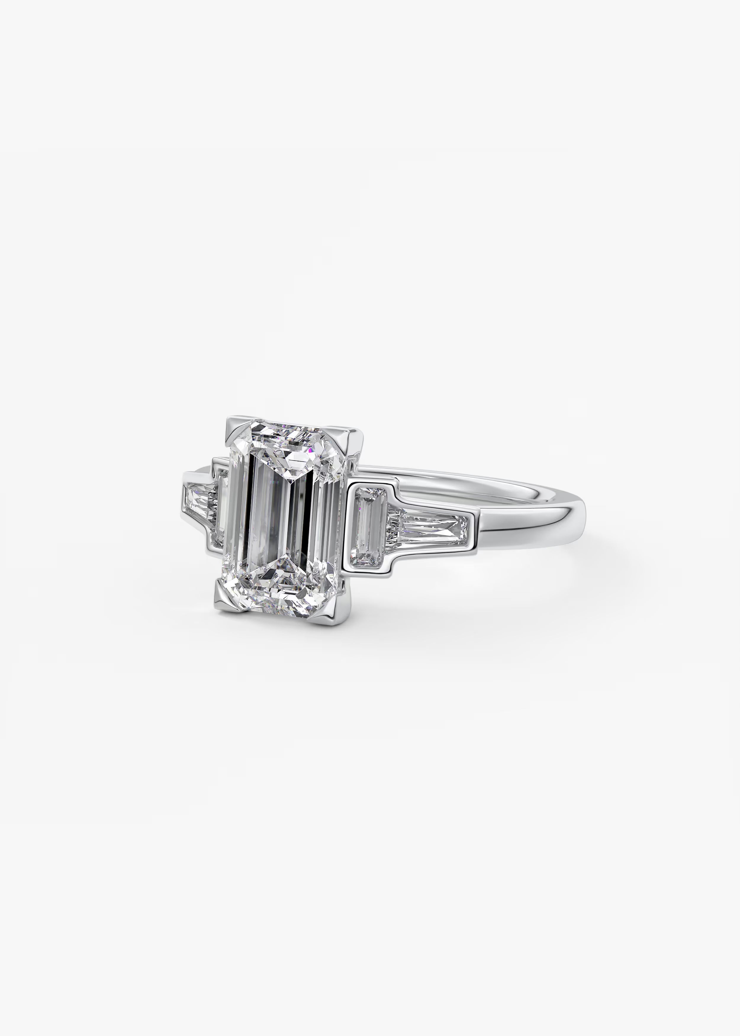 Art Deco Inspired Emerald Five Stone Engagement Ring with Tapered Baguettes