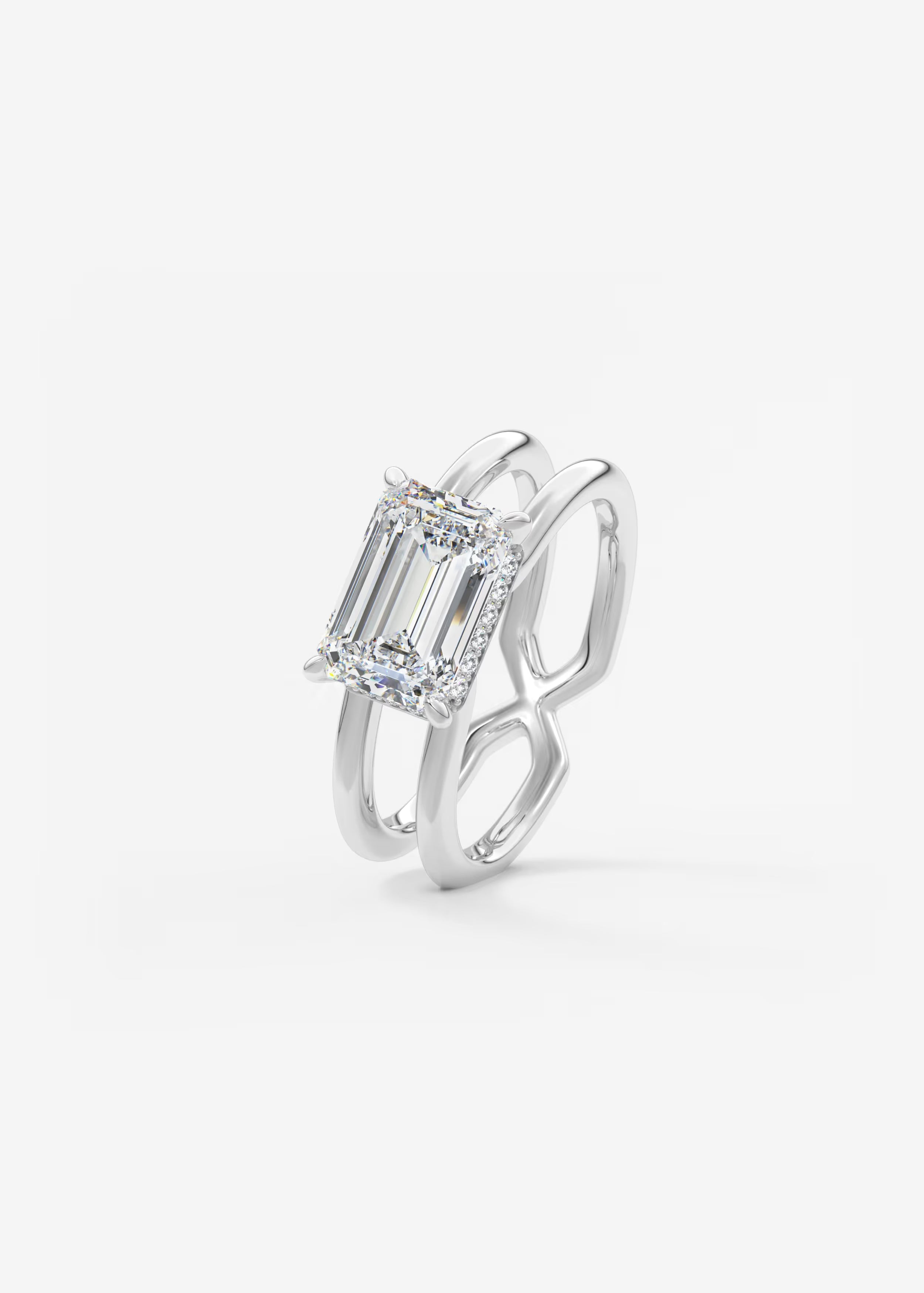 Parallel Split Shank Emerald Cut Engagement Ring with Knife Edge Hidden Halo