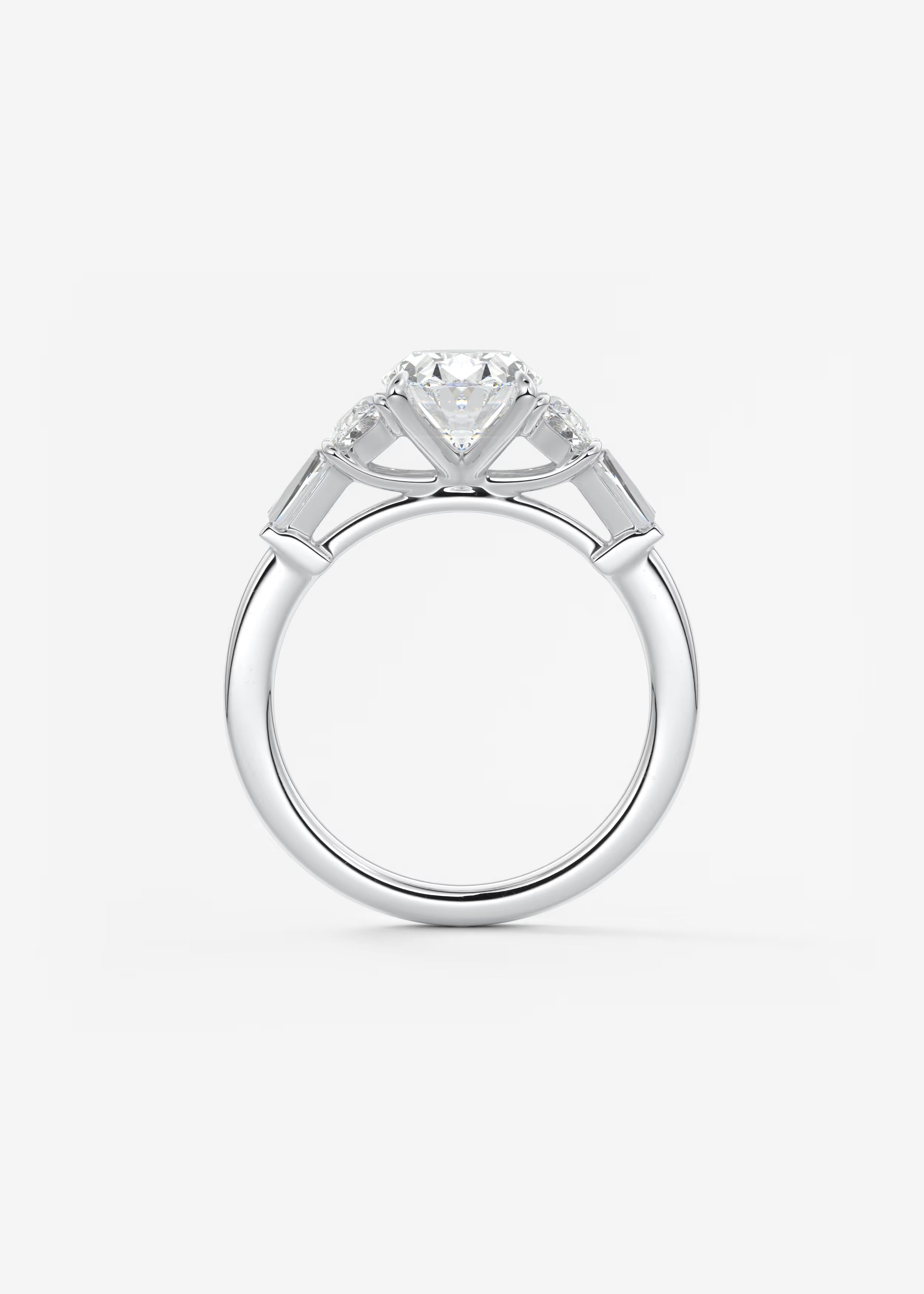 Oval Cut Five Stone Engagement Ring with Half Moons and Tapered Baguettes