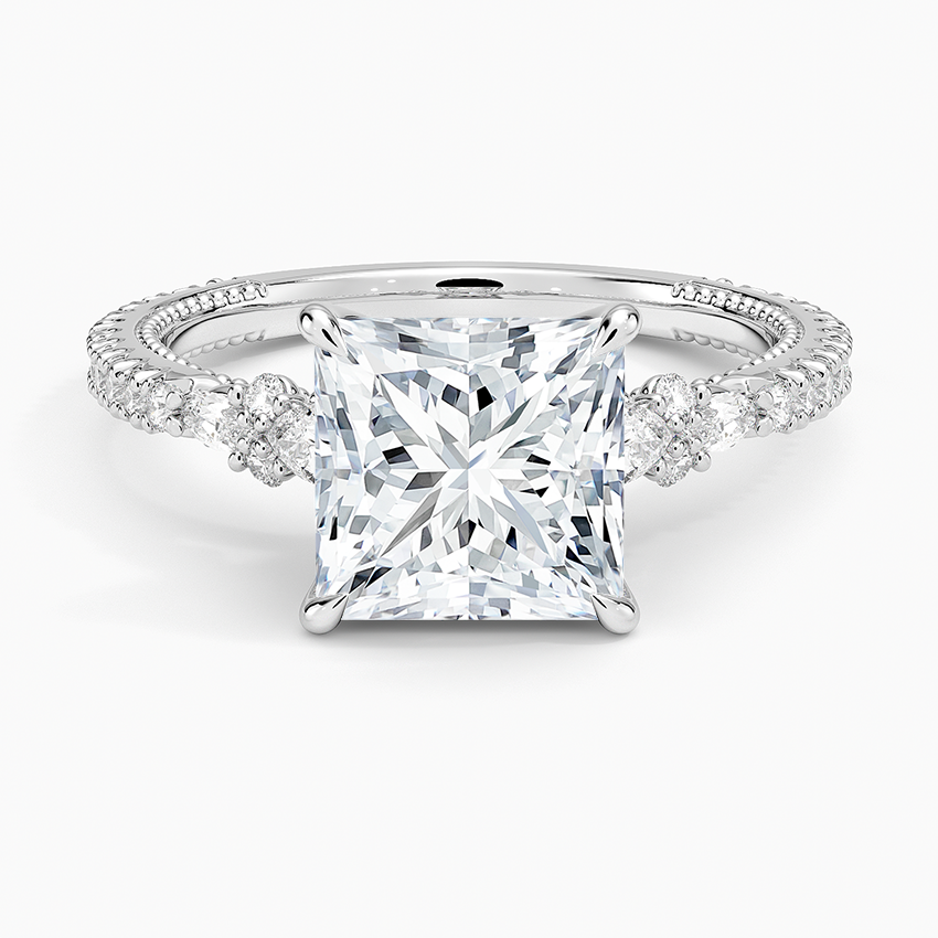 Floral Marquise Band with Beaded Edge Princess Lab Grown Diamond Center Engagement Ring