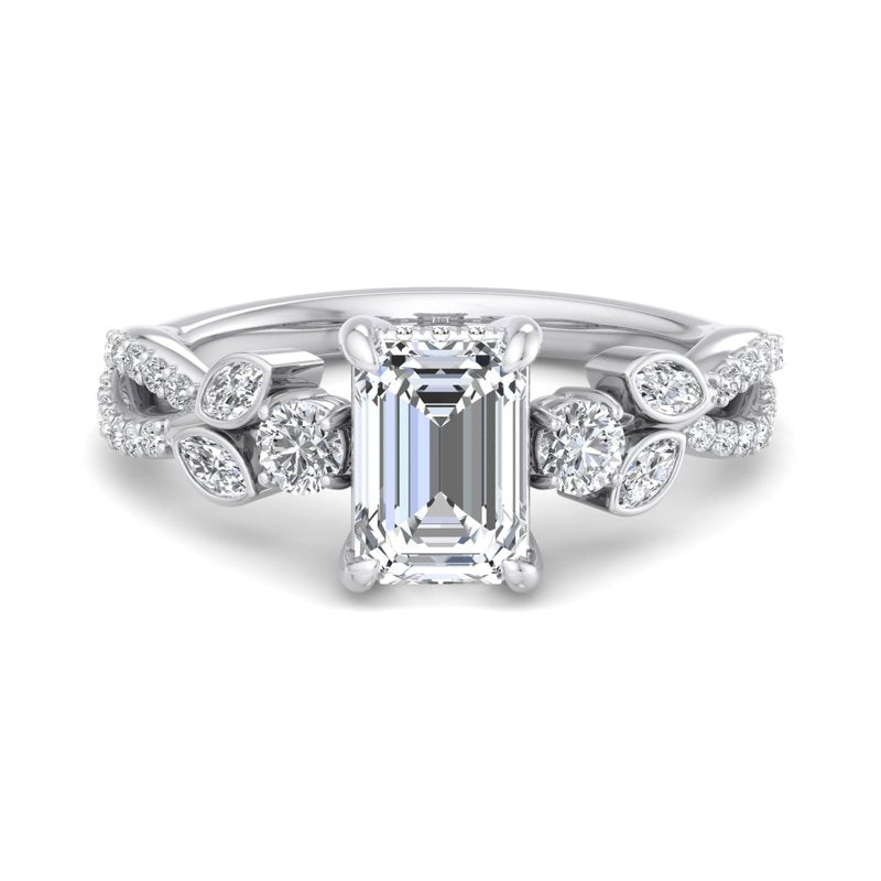 Floral Marquise Band with Beaded Detail Emerald Lab Grown Diamond Center Engagement Ring
