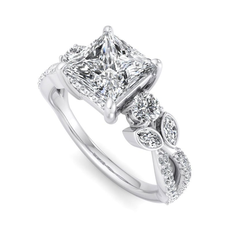 Floral Marquise Band with Beaded Detail Princess Lab Grown Diamond Center Engagement Ring