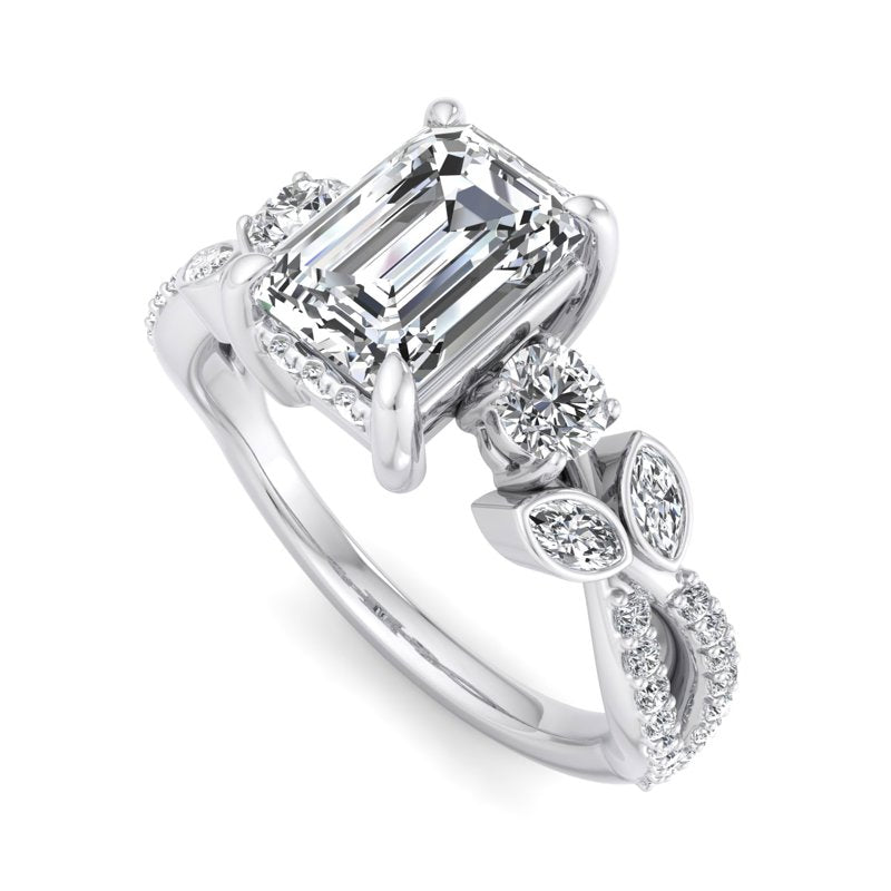 Floral Marquise Band with Beaded Detail Emerald Lab Grown Diamond Center Engagement Ring