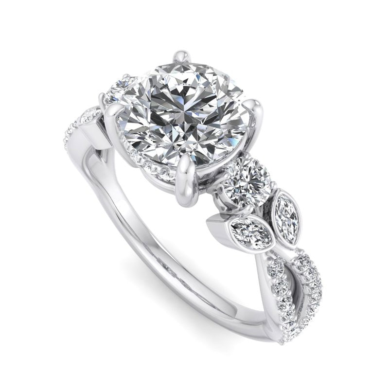 Floral Marquise Band with Beaded Detail Round Lab Grown Diamond Center Engagement Ring