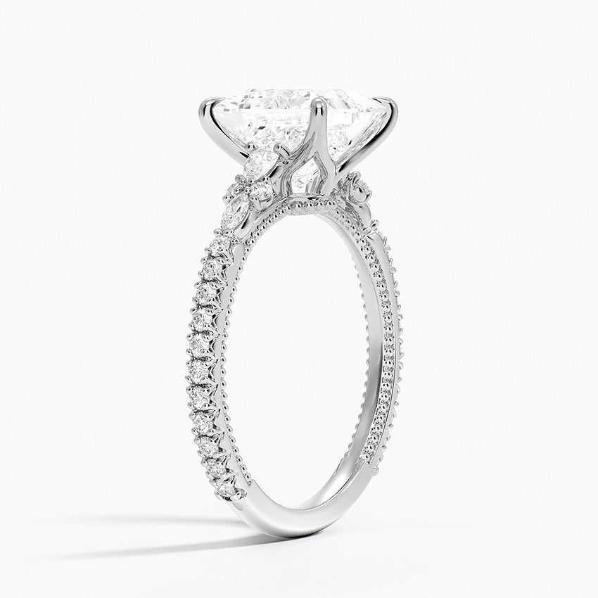 Floral Marquise Band with Beaded Edge Princess Lab Grown Diamond Center Engagement Ring