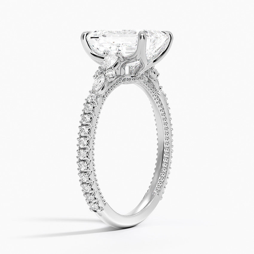 Floral Marquise Band with Beaded Edge Emerald Lab Grown Diamond Center Engagement Ring