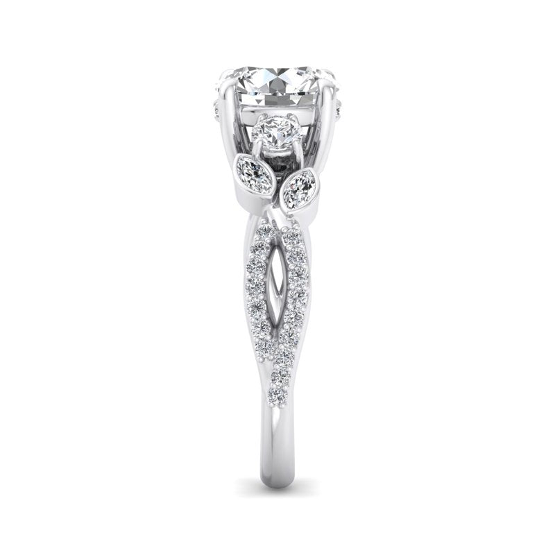 Floral Marquise Band with Beaded Detail Round Lab Grown Diamond Center Engagement Ring