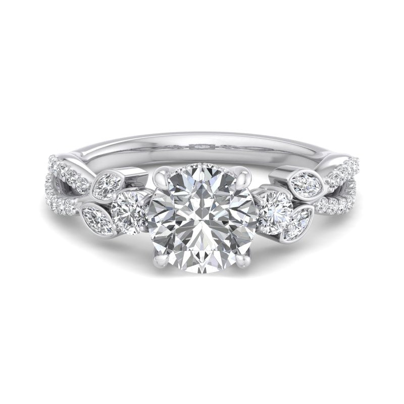 Floral Marquise Band with Beaded Detail Round Lab Grown Diamond Center Engagement Ring