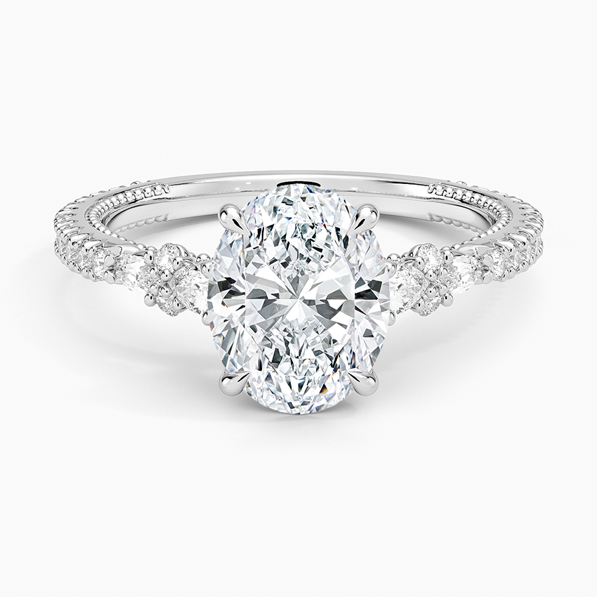 Floral Marquise Band with Beaded Edge Oval Lab Grown Diamond Center Engagement Ring