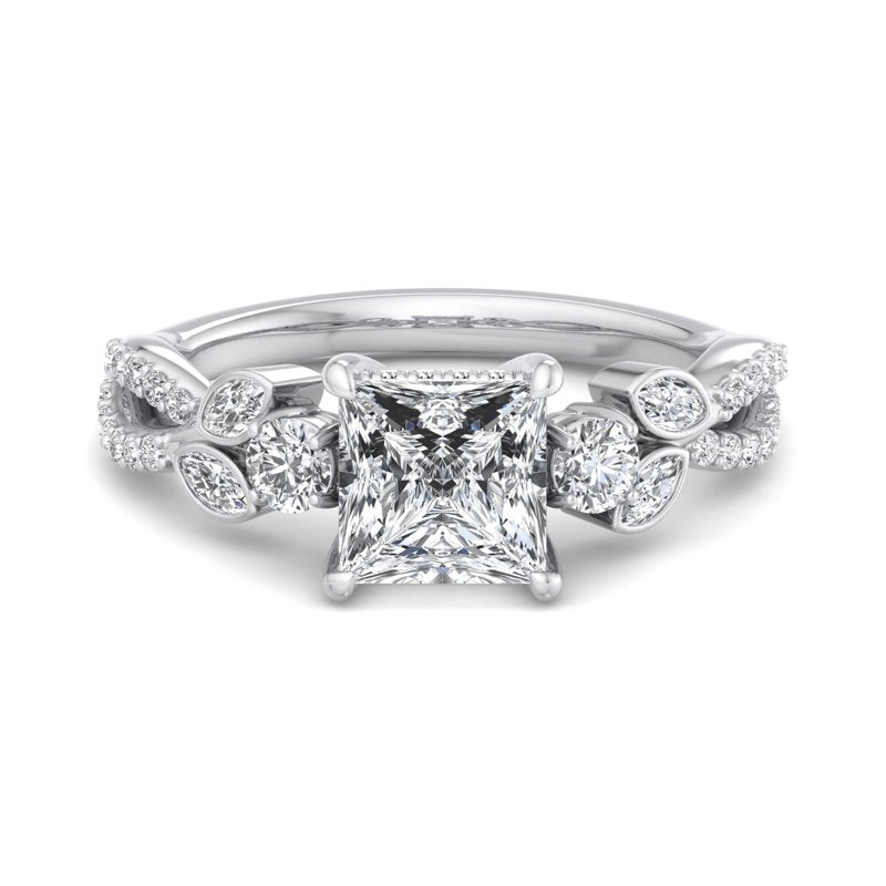 Floral Marquise Band with Beaded Detail Princess Lab Grown Diamond Center Engagement Ring