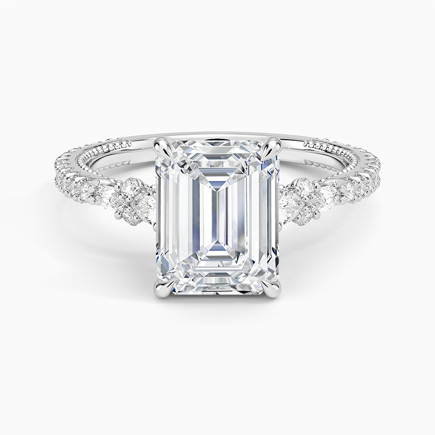 Floral Marquise Band with Beaded Edge Emerald Lab Grown Diamond Center Engagement Ring