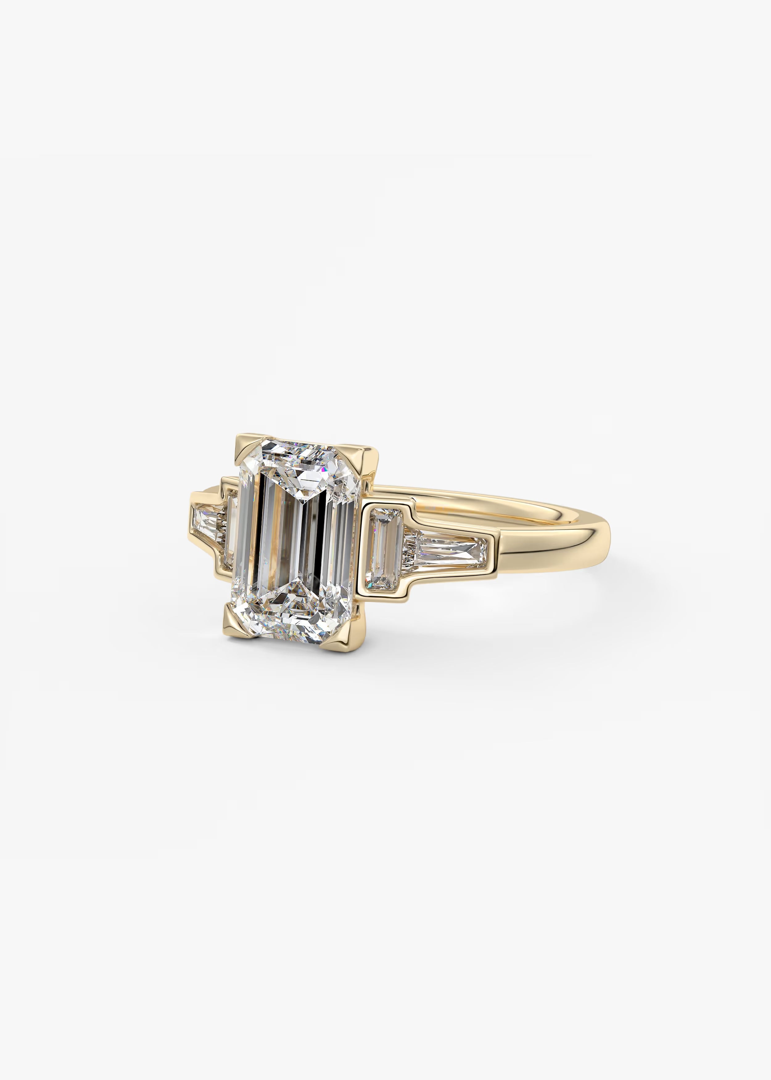 Art Deco Inspired Emerald Five Stone Engagement Ring with Tapered Baguettes