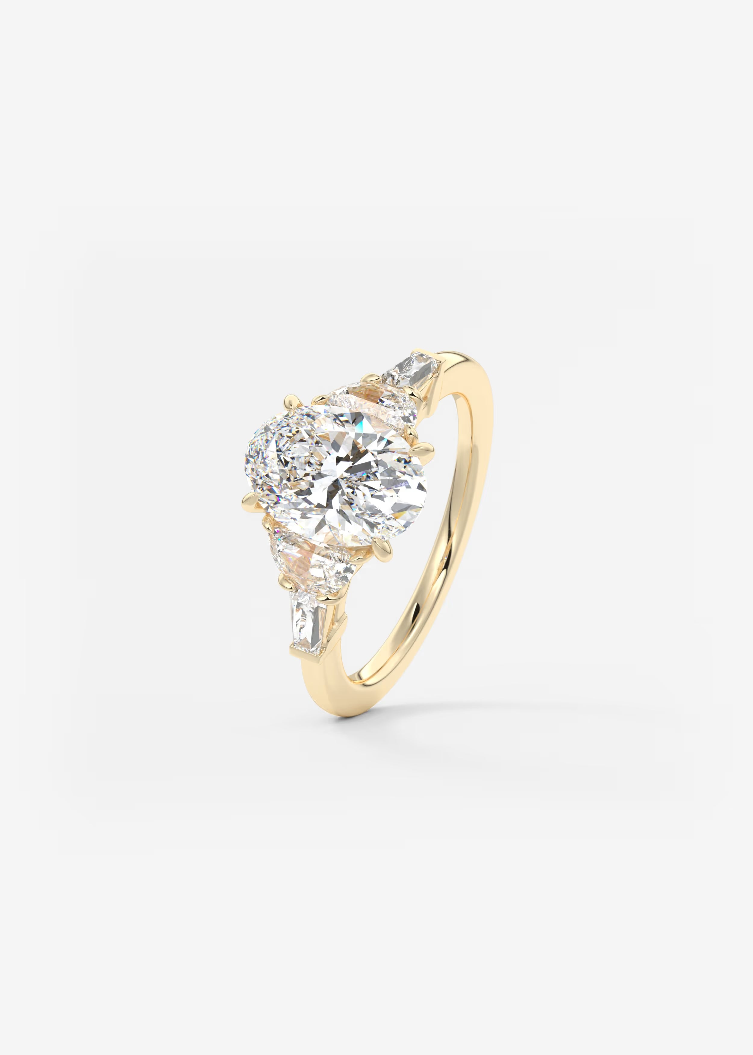Oval Cut Five Stone Engagement Ring with Half Moons and Tapered Baguettes