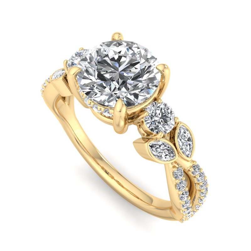 Floral Marquise Band with Beaded Detail Round Lab Grown Diamond Center Engagement Ring