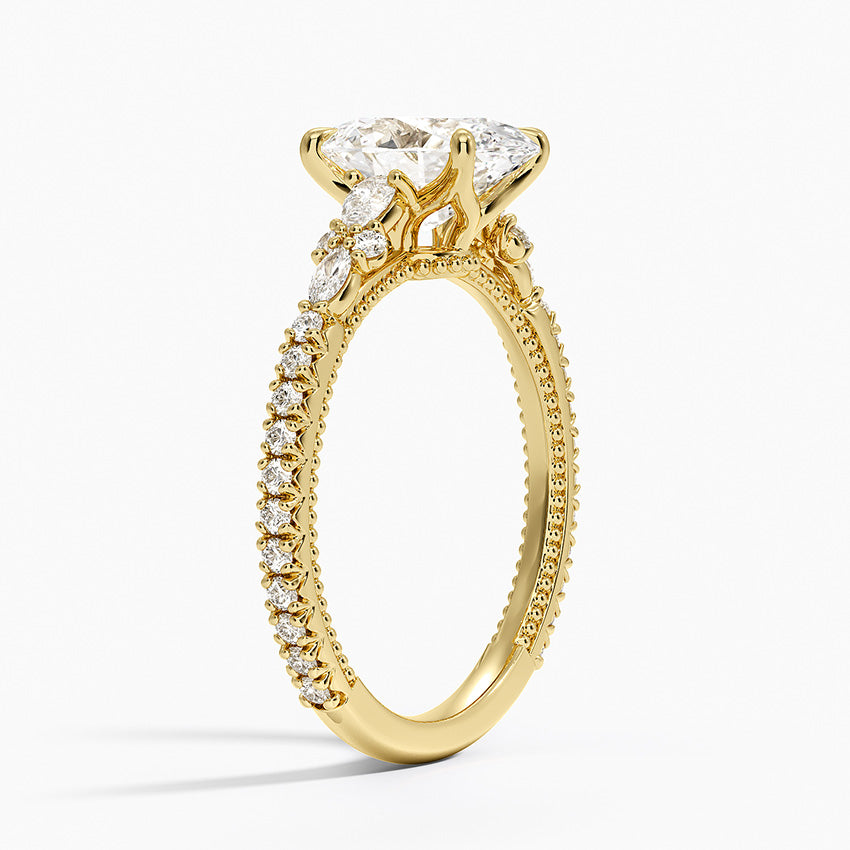 Floral Marquise Band with Beaded Edge Oval Lab Grown Diamond Center Engagement Ring