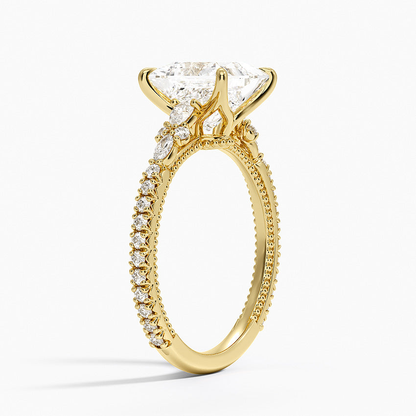 Floral Marquise Band with Beaded Edge Princess Lab Grown Diamond Center Engagement Ring