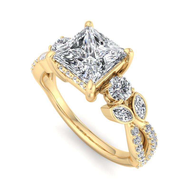 Floral Marquise Band with Beaded Detail Princess Lab Grown Diamond Center Engagement Ring