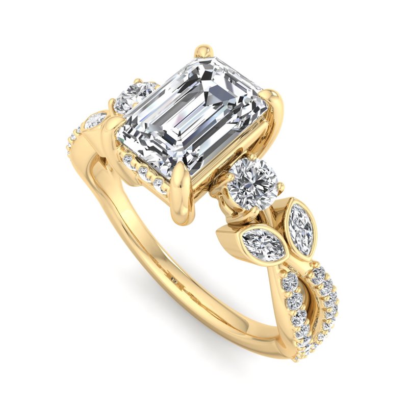 Floral Marquise Band with Beaded Detail Emerald Lab Grown Diamond Center Engagement Ring