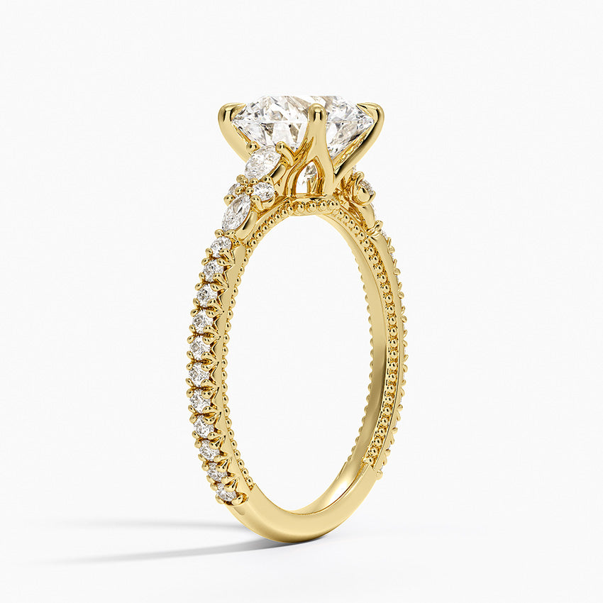 Floral Marquise Band with Beaded Edge Round Lab Grown Diamond Center Engagement Ring