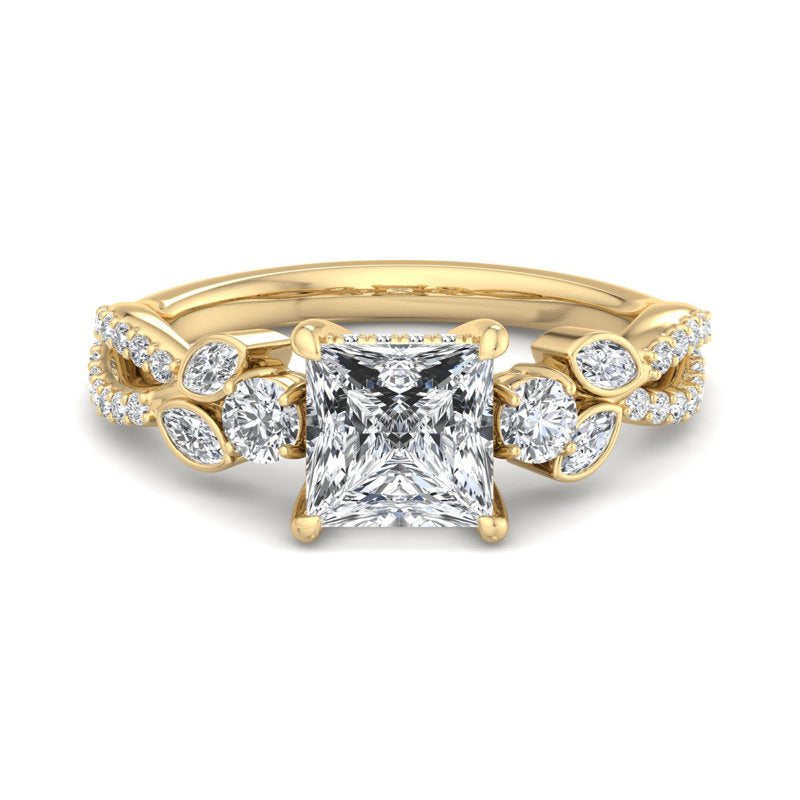 Floral Marquise Band with Beaded Detail Princess Lab Grown Diamond Center Engagement Ring