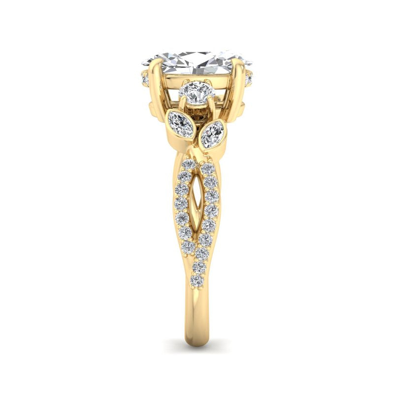 Floral Marquise Band with Beaded Detail Oval Lab Grown Diamond Center Engagement Ring