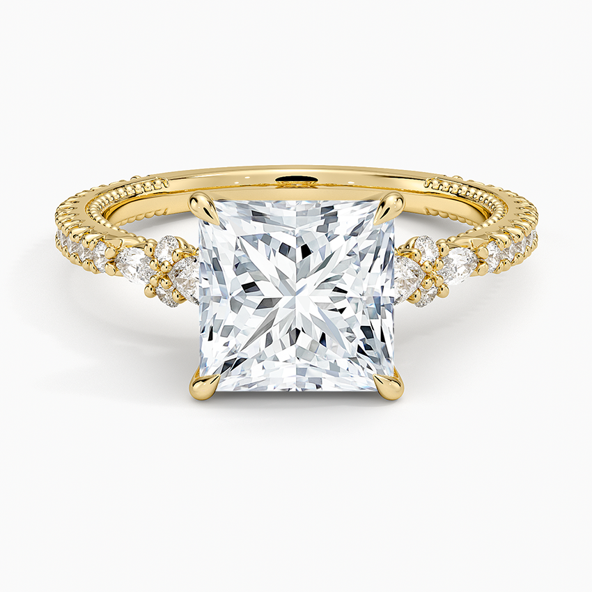 Floral Marquise Band with Beaded Edge Princess Lab Grown Diamond Center Engagement Ring