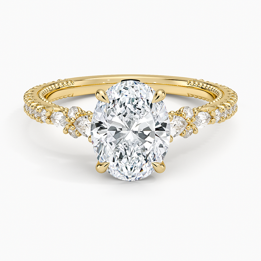 Floral Marquise Band with Beaded Edge Oval Lab Grown Diamond Center Engagement Ring