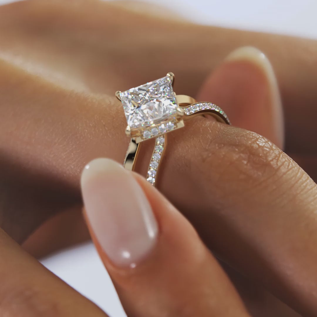 Parallel Split Shank Princess Cut Engagement Ring with Knife Edge Hidden Halo and Pavé