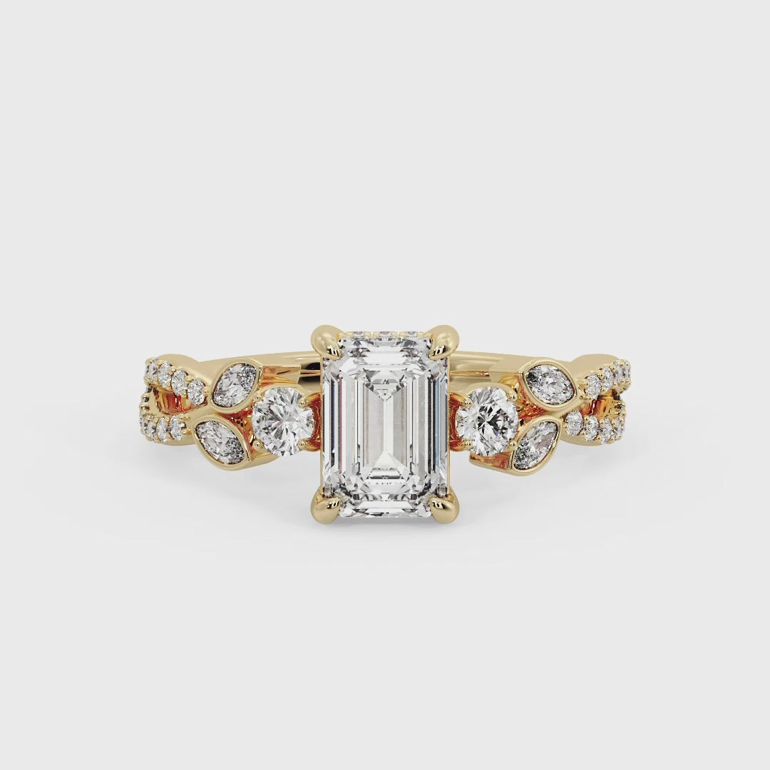 Floral Marquise Band with Beaded Detail Emerald Lab Grown Diamond Center Engagement Ring